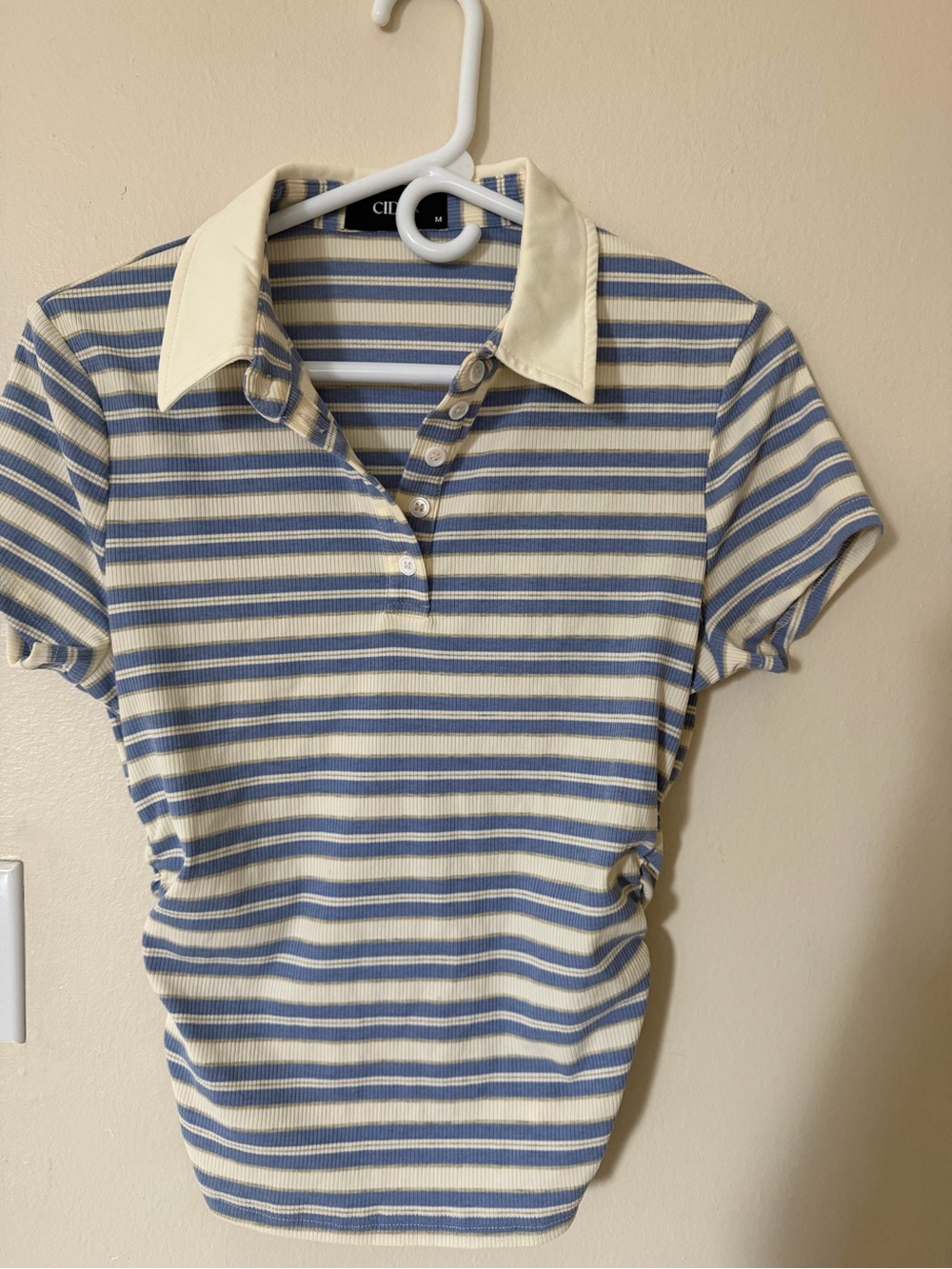 Cider Blue and Cream Striped Ribbed Polo Button-Down Top